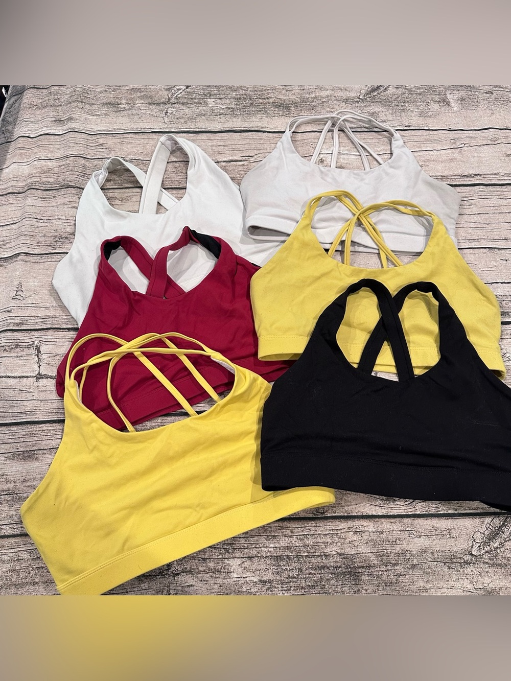 Set of 6 Running Girl Strappy Sports Bras White, Yellow, Red, and Black Size MED
